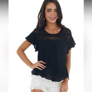 Black Lace Yoke Short Sleeve Ruffle Top